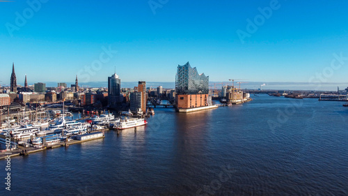 Hamburg harbour on a sunny day - aerial view - travel photography