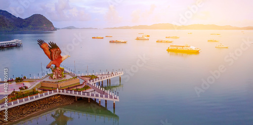 Aerial view of public Eagle statue, the symbol of Langkawi island, Malaysia.