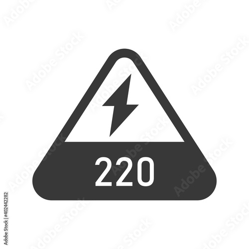 220 volts triangular shaped sign bold black silhouette icon isolated on white. Warning, danger, electricity.