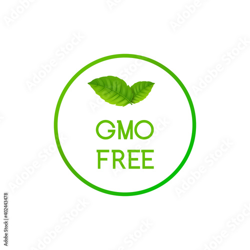 GMO Free icon logo. Non gmo food label symbol. Organic green stamp design healthy food with leaf sticker