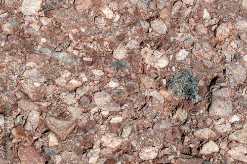 A closeup of a conglomerate rock. It is brown and contains a variety of types of stones..