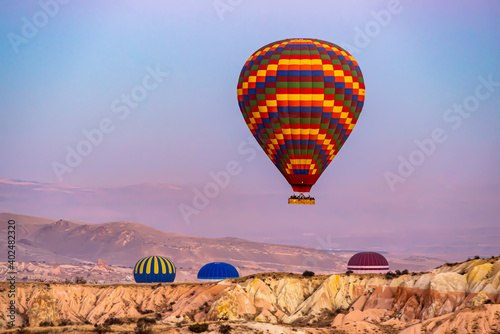 Multicolored Colorful hot air balloons in Cappadocia, bottom shooting angle