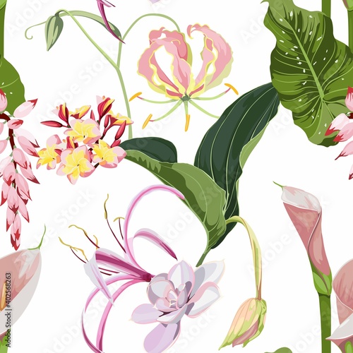 Tropical leaves with pink exotic flowers. Seamless design with amazing Medinilla palant with flowers. Fashion, interior, wrapping, packaging suitable. Realistic branch on white background.