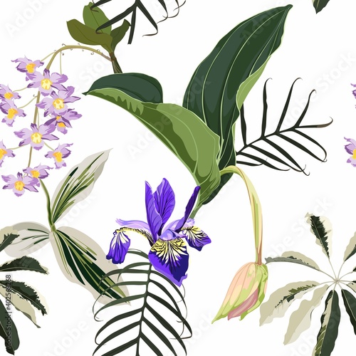 Tropical leaves with violet flowers. Seamless design with amazing Medinilla palant with flowers. Fashion, interior, wrapping, packaging suitable. Realistic branch on white background.