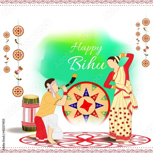 Vector illustration of Happy Rngoli Bihu, Assamese New Year, Indian traditional festival, Harvest festival of Assam, Couple performing Bihu folk dance.