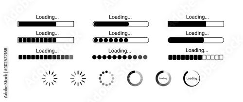 Set loading bar icons. Loading status on white background.