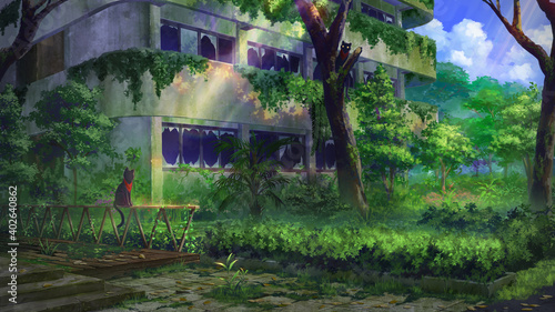 anime background 2 black cats in abandoned place 