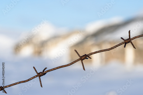 Old barbed wire against the background of a winter landscape. Barbed wire closeup. Shallow depth of field. Siberia, Russia.