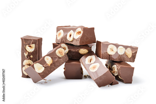 Gianduia nougat with chocolate and hazelnuts isolated on white background.