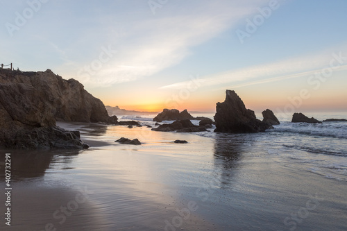 Low tide at sunrise on El Matador Beach in Malibu, California