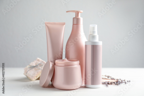 Set of hair care cosmetic products on white table