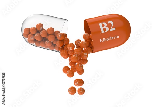 Open capsule with b2 riboflavin from which the vitamin composition is poured. Medical 3D rendering illustration