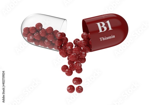 Open capsule with b1 thiamin from which the vitamin composition is poured. Medical 3D rendering illustration