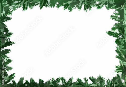 Frame on a white background in the form of Christmas tree branches with snowflakes