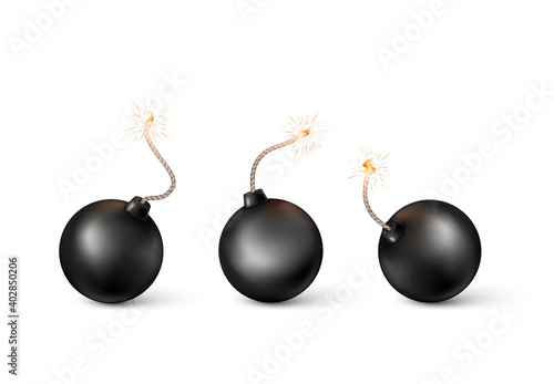 set of Bombs. Burning fuse black bomb in realistic style. Vector illustration