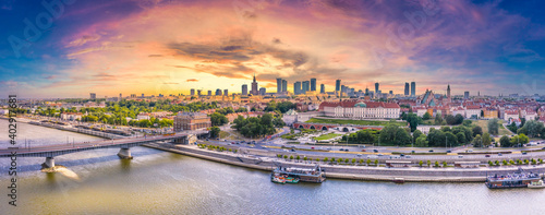 City skyline background. Aerial view of Warsaw capital city of Poland. From above, city view with night sky. Panorama of Warsaw cityscape. Europe. Aerial view. Sunset