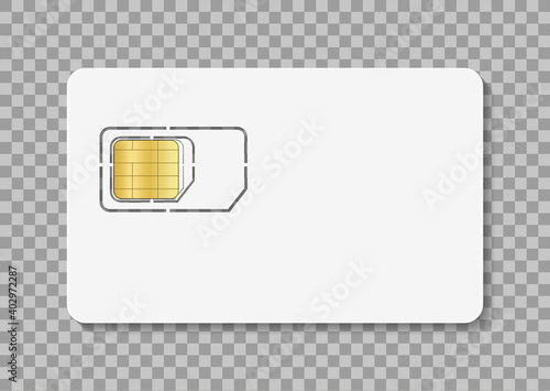 Sim card. Icon of simcard for mobile phone. Nano, micro sim with chip of identity. White mockup isolated on transparent background. Icon for cellphone. Microchip for wireless connection. Vector