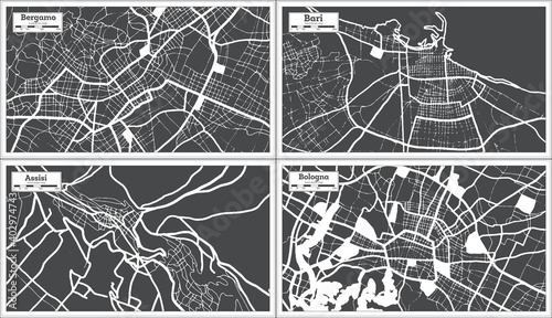 Assisi, Bari, Bologna, Bergamo Italy City Maps Set in Black and White Color in Retro Style.
