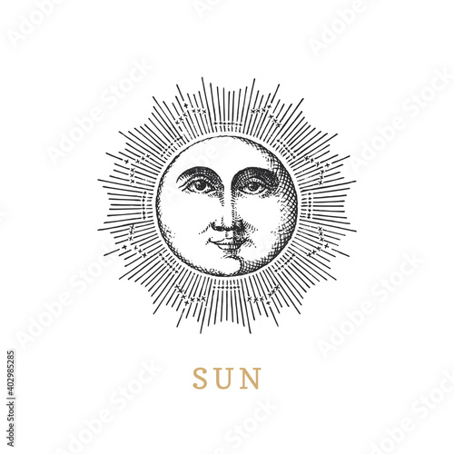 Sun, hand drawn in engraving style. Vector image.