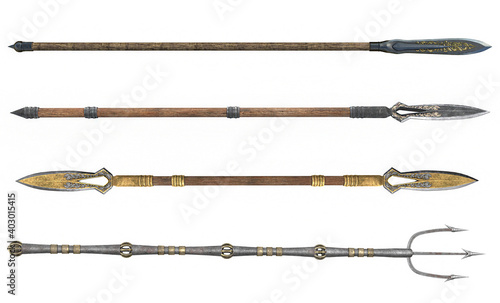 collection long spear, weapon, on an isolated white background. 3d illustration