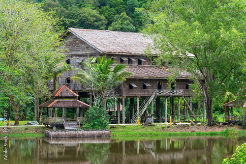 The traditional tall and longhouse of the Melanau tribe is an elevated building, mostly located in the Sarawak state of Malaysia on Borneo