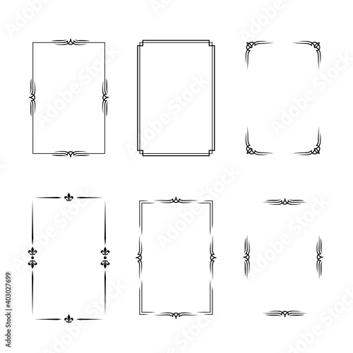 Set of black vintage borders in silent film or art deco style isolated on white backgrounds. Vector retro design elements.