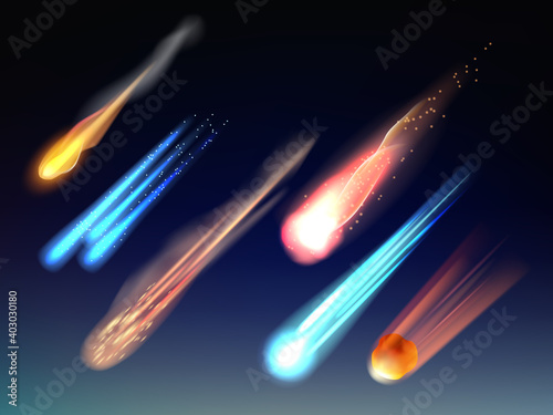 Falling comets. Astronomy collection space bodies stars meteorites cosmic glowing universe vector items realistic template. Illustration comet shooting, asteroid falling and meteorite in sky