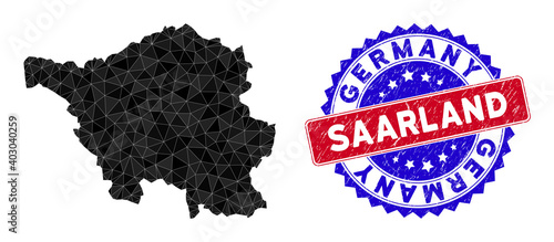 Saarland Land map polygonal mesh with filled triangles, and distress bicolor watermark. Triangle mosaic Saarland Land map with mesh vector model, triangles have variable sizes, and positions,