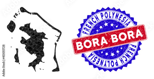 Bora-Bora map polygonal mesh with filled triangles, and rubber bicolor rubber seal. Triangle mosaic Bora-Bora map with mesh vector model, triangles have various sizes, and positions, and color tones.