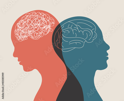 Metaphor bipolar disorder mind mental. Double face. Split personality. Concept mood disorder. 2 Head silhouette.Psychology. Mental health. Dual personality concept. Tangle and untangle