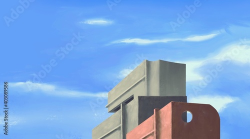 Modern city with blue sky, minimal artwork, building illustration, abstract architecture background