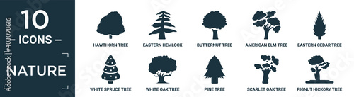 filled nature icon set. contain flat hawthorn tree, eastern hemlock tree, butternut tree, american elm eastern cedar white spruce white oak pine scarlet oak pignut hickory icons in editable format..