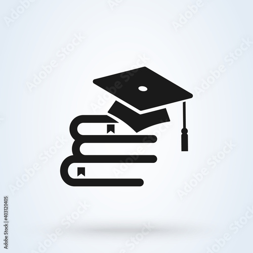 Educational logo, book and toga hat. Book with vector graduation cap - education icon, academic university illustration