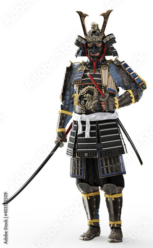 Portrait of a Samurai Japanese warrior wearing traditional armor and wielding a katana on a white background. 3d rendering