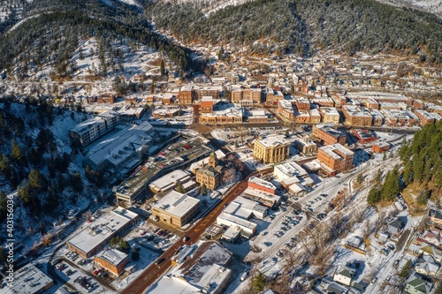Aerial View of Deadwood, South Dakota after a fresh Snow