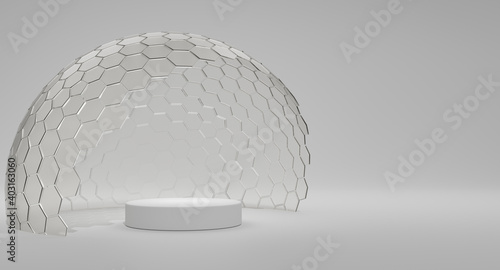 Mock-up transparent glass dome. dome cover podium for exhibition, protection barrier. 3d rendering.