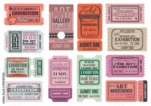 Art gallery and museum exhibition retro tickets, admits vector templates. City museum, art center and painting gallery entrance coupon, event access card, invite card or ticket with tear off part