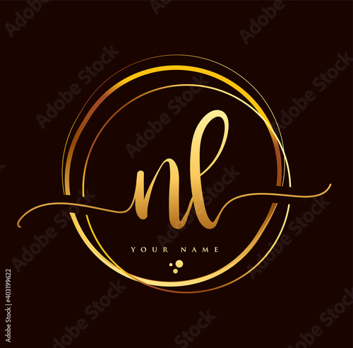 NL Initial handwriting logo golden color. Hand lettering Initials logo branding, Feminine and luxury logo design isolated on black background.