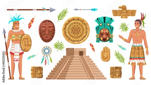 Maya civilization culture. Incas and aztec ancient art, ethnic artifacts, indian people, historical heritage and landmarks, religion masks and piramid vector cartoon isolated set