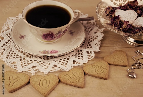 you and I - heart shape cookies with love expression, coffee cup, Valentines image vintage style, romantycznie przy śniadaniu