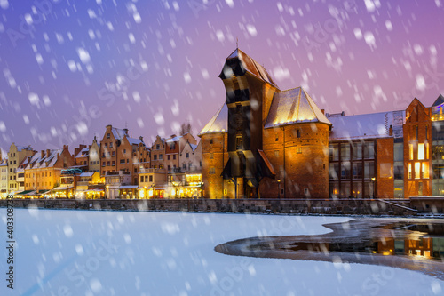 Winter scenery of Motlawa river and Gdansk at night, Poland, Europe.