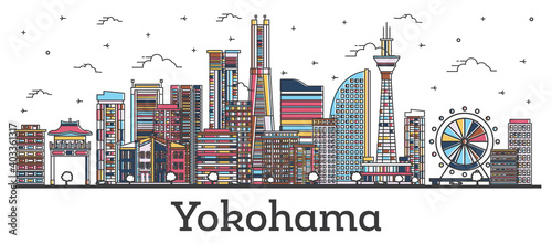 Outline Yokohama Japan City Skyline with Modern Colored Buildings Isolated on White.