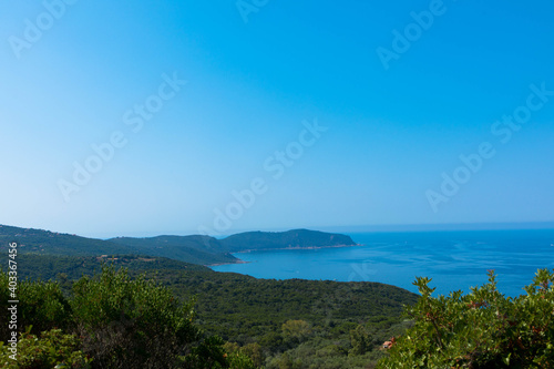 Spectacular view of Golfe de Sagone and the mediterranean marquis landscape near Cargese, Place for Text. Corsica, France