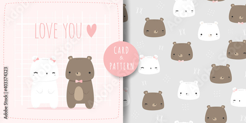 Bundle set of cute polar and teddy bear couple cartoon doodle card and seamless pattern vector design for nursery or print on product