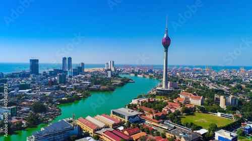 View of the Colombo city skyline with modern architecture buildings including the lotus towers.