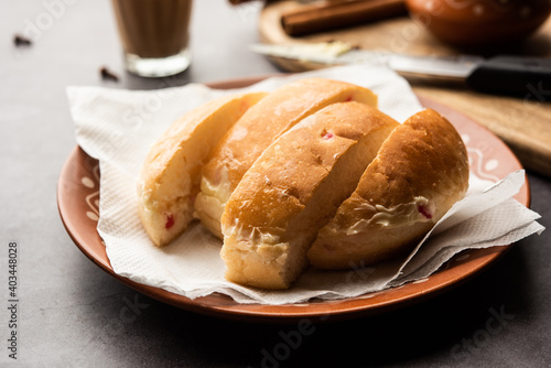 Bun Maska Masala chai is a popular food in Mumbai, India which is popular in Irani Cafe