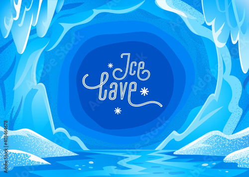 Ice cave landscape. Blue snowy winter background - Panoramic landscape with frozen icy cavern. Vector illustration in flat cartoon style.