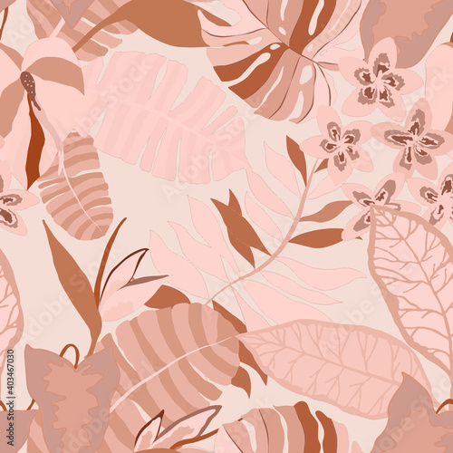 Creative seamless pattern with tropical leaves. Trendy pattern with hand drawn exotic plants. Swimwear botanical design. Jungle exotic summer print. 