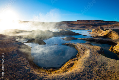 Sol de Manana geysers and geothermal area in the Andean Plateau in Bolivia