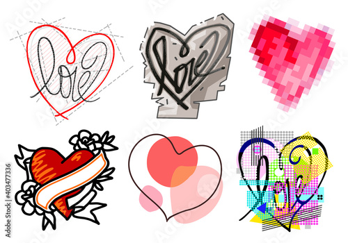 Hand drawn different Graphic Style colored Hearts - set 2
